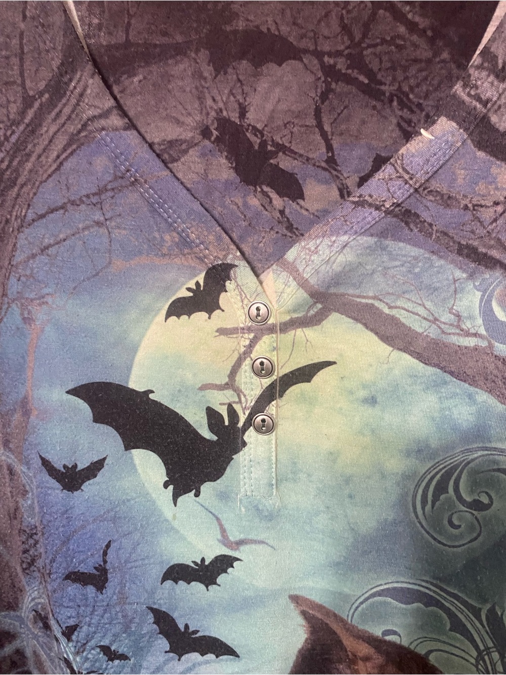 ONE WORLD Black 3/4 Sleeve V-Neck Top with Cat & Pumpkin Night Scene - Picture 3 of 6